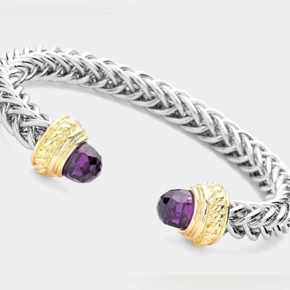 Braided Two Tone Chunky Cuff Bracelet with Amethyst Cabochons - Picture 1 of 2